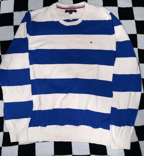 Tommy Hilfiger Other - Tommy Hilfiger Men's Blue and White Rugby Striped Crew-Neck Pullover Sweater